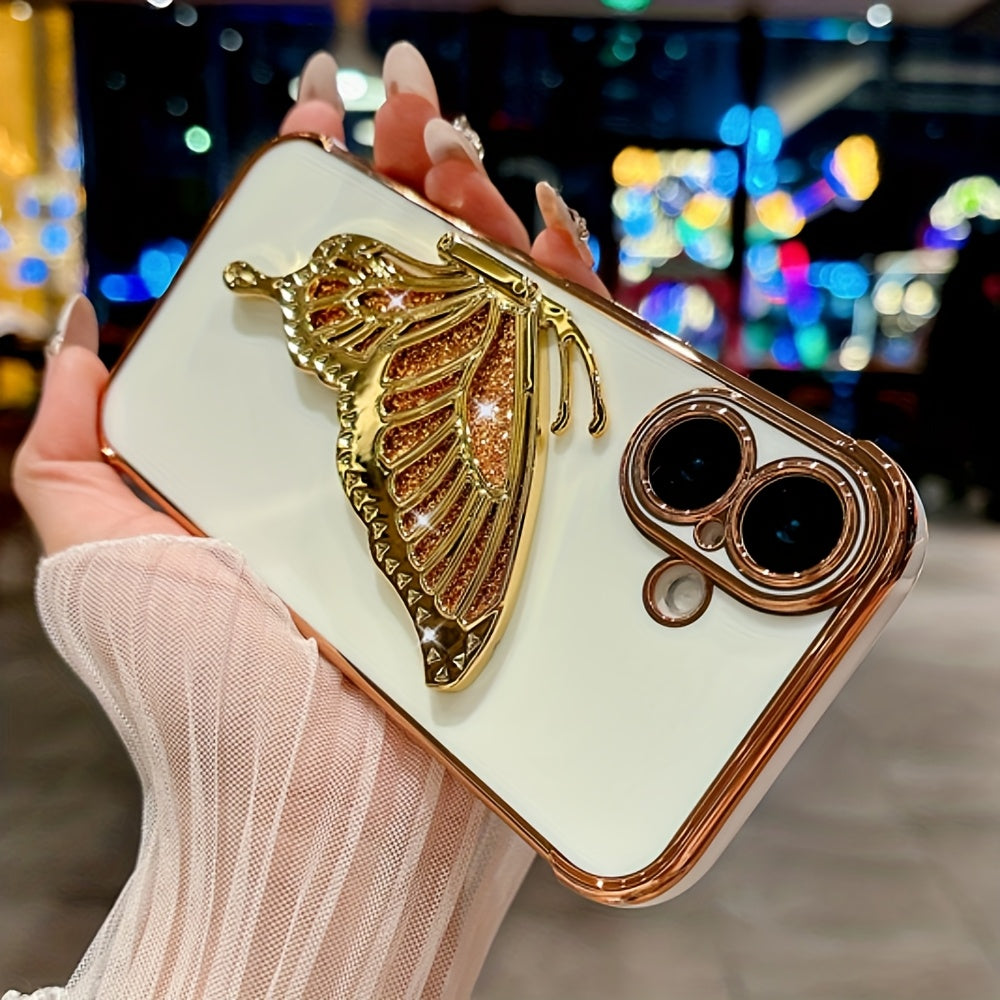 Luxury Plated Pattern Glitter Butterfly Holder Stand Phone Case Compatible with iPhone 12 13 14 15 16 Pro Max Plus Bumper Protector Cover